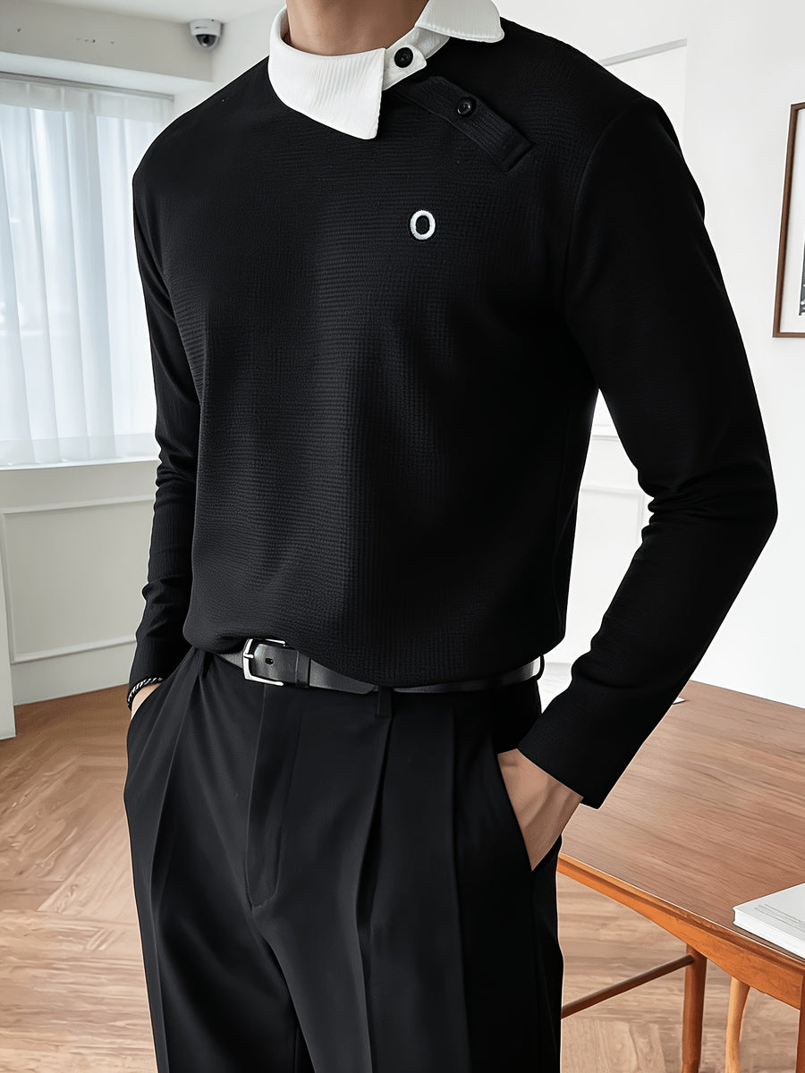 Men's Spring/Autumn Long Sleeve Thin Sweatshirt, Waffle Knit Color Block Slant Collar Long Sleeve Polo Shirt with Small Logo Embroidery, Casual Commuter Top - Black