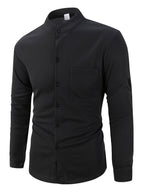 Men's Waffle Stand Collar Long Sleeve Button Shirt with Chest Pocket - Black