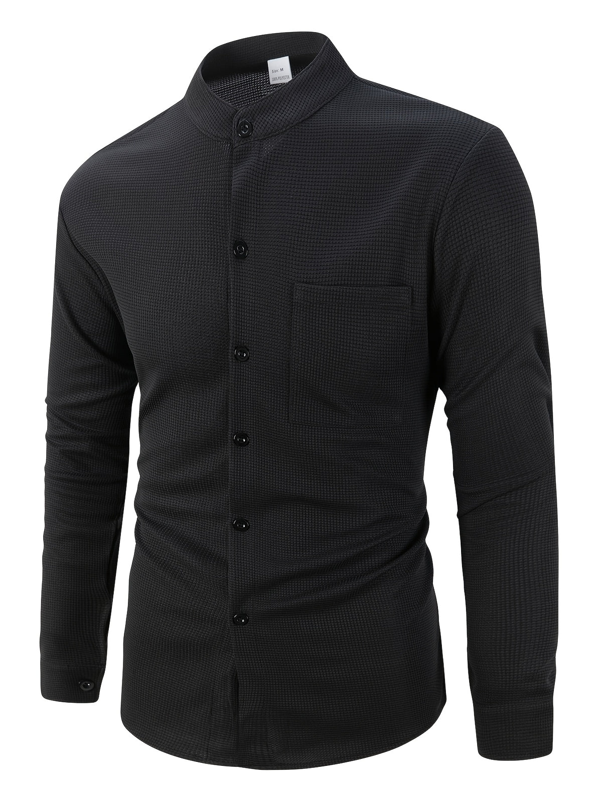Men's Waffle Stand Collar Long Sleeve Button Shirt with Chest Pocket - Black