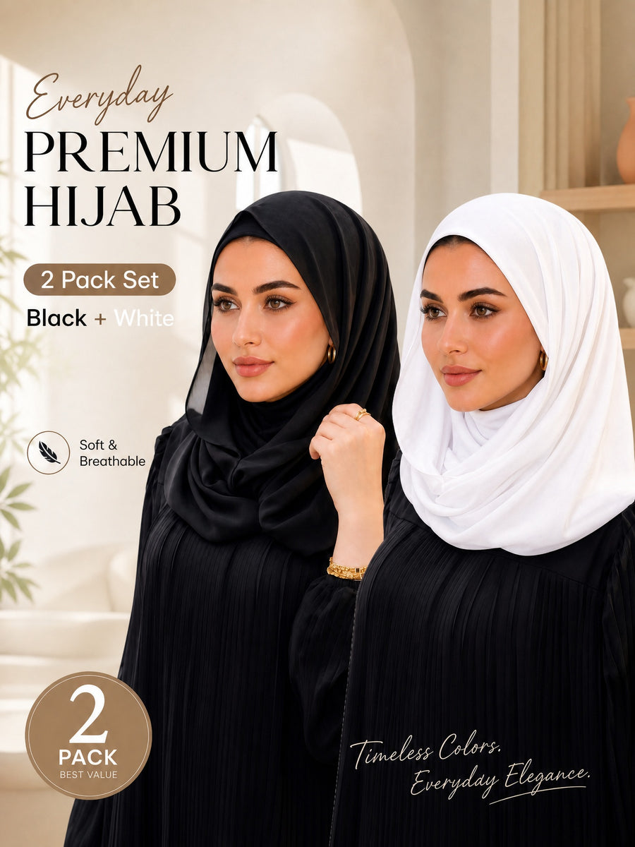 2pcs Muslim: A Double-layered, Pull-on Style Headscarf Featuring a Convenient 1pc Design That Combines an Inner Cap with a Chiffon Overlay. Suitable for Daily Wear, Travel, Ramadan, Prayer, and Modest Everyday Outfits. - Black+White