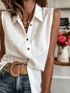 European and American Style Versatile Summer New Arrival Pure Breathable Sleeveless Lapel Single-Breasted Casual Loose Vest Sleeveless Shirt for Women - White