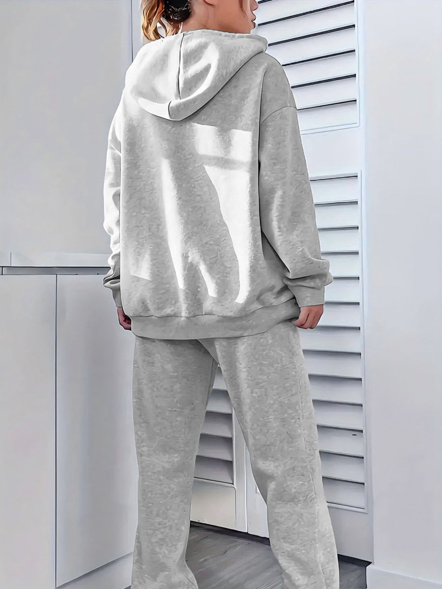 2026 New Women's Casual -Lined Hooded Sweatshirt and Elastic Waist Jogger Pants Set, Featuring a Simple and Stylish Letter "K" and Line Combination Pattern Print, Versatile for Fall/Winter - Light Grey