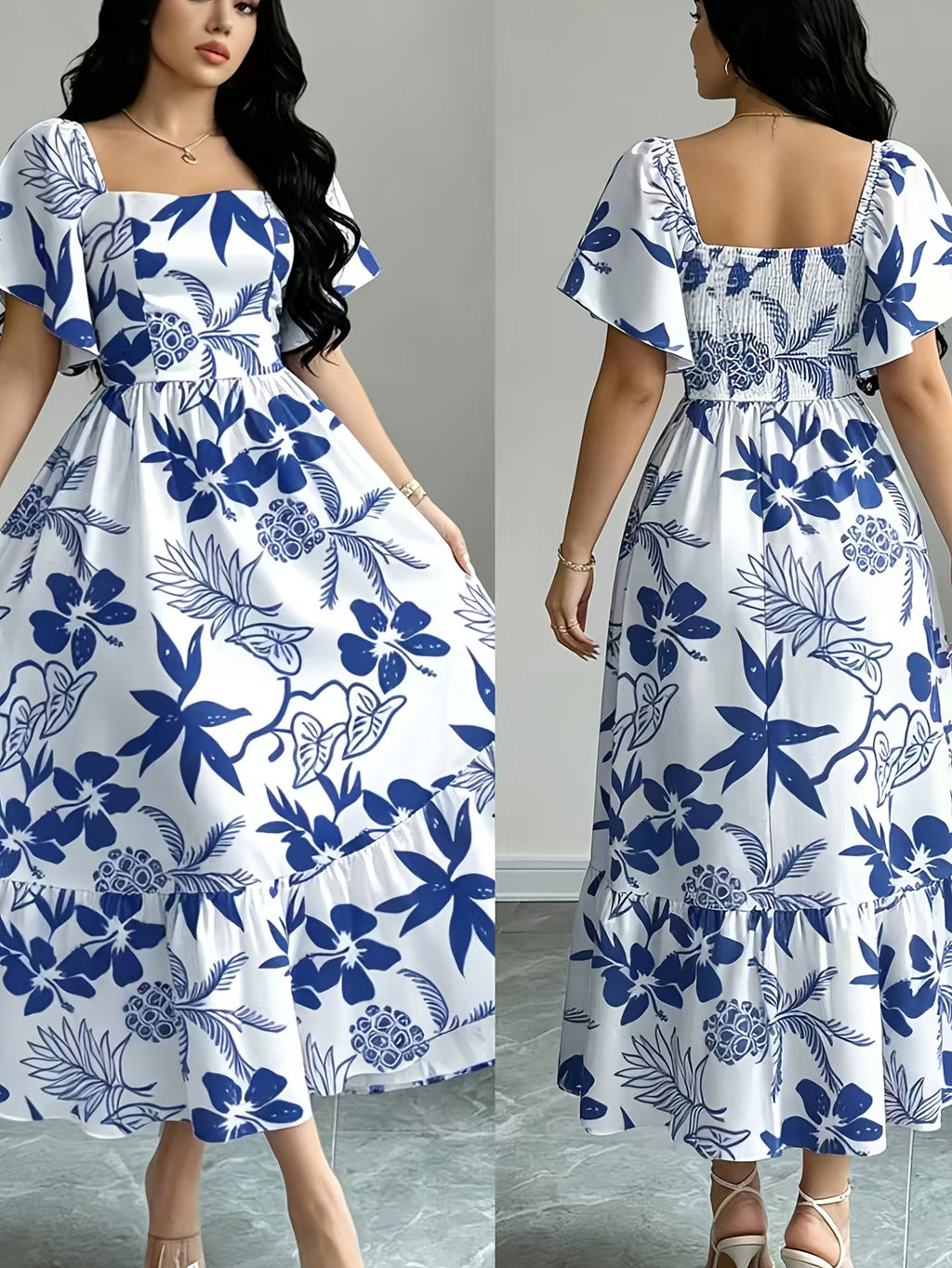 The Summer Floral-Themed Elegant Resort-Style Dress Features a Butterfly Wing Print Design, a Square Neckline And Short Sleeves, Is Equipped with a Waist-Cinching Design, And Has a Moderate Length - Blue