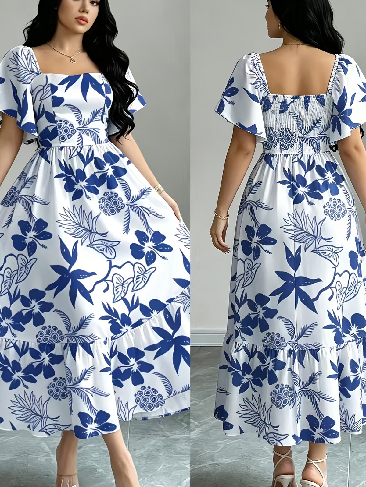 The Summer Floral-Themed Elegant Resort-Style Dress Features a Butterfly Wing Print Design, a Square Neckline And Short Sleeves, Is Equipped with a Waist-Cinching Design, And Has a Moderate Length - Blue