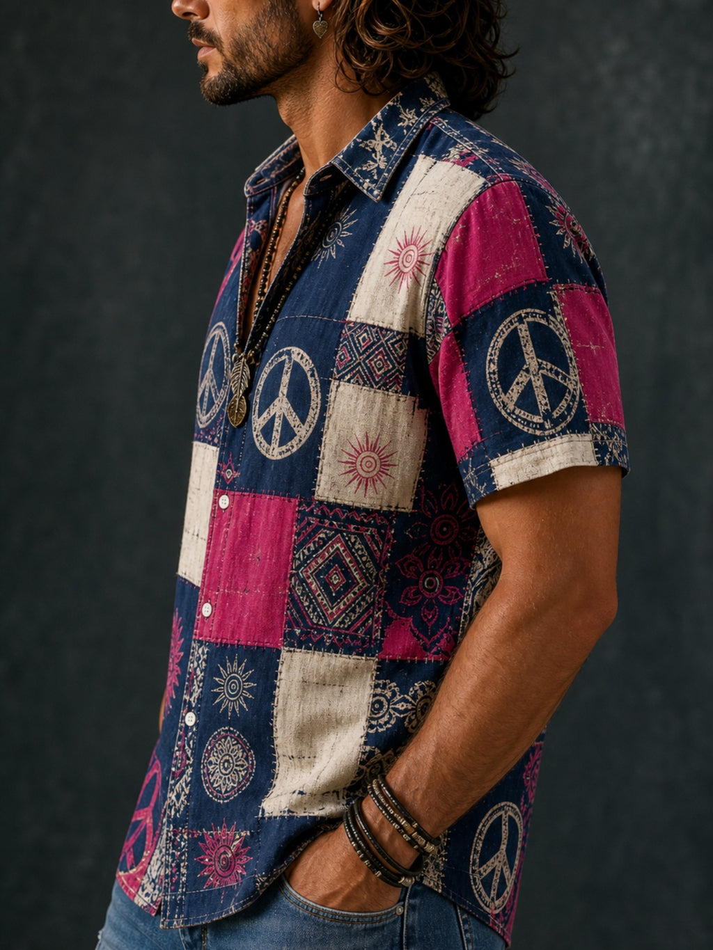 Men's Vintage Boho Short Sleeve Shirt - Lightweight Breathable Button- Top with Retro Patchwork Peace Sign & Bohemian Sun Floral Print, Full-Body Suitable for Summer Beachwear, Casual Daily Wear, Birthday Gift for Him (Machine Washable) - JAHFQ080217331