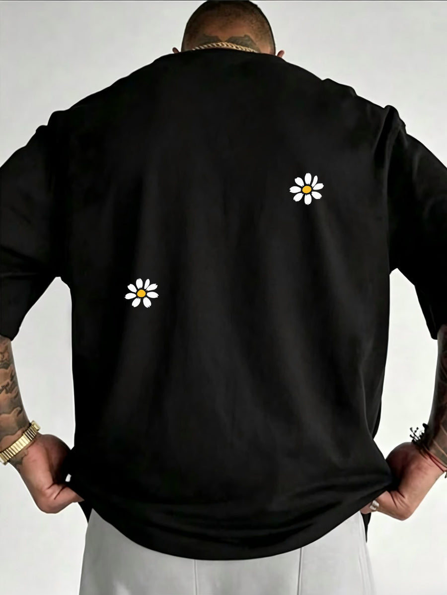 Men'S T-Shirt, Loose Fit Design with Small Daisy Patterns on Back, Easy Fresh Style for Casual Wear, Short Sleeve And Breathable, Ideal for Spring And Summer, Minimalist Aesthetic - Black