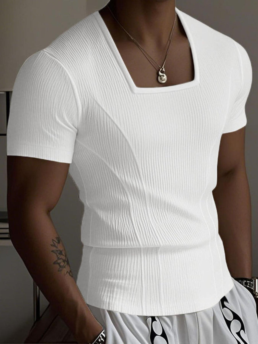 INCERUN Men Square Neck T-Shirt Short Sleeve Basic Tops Holiday Casual Solid Color Tops - White