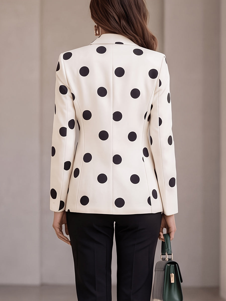 Spring And Autumn Women'S Fashion Temperament Versatile Double Button Large Polka Dot Printed with Lining And Pockets Casual Commuter Jacket - Off-white