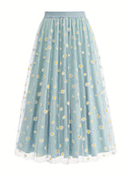 Elegant Chiffon Vacation Skirt with Small Chrysanthemum Print for Women - Light Blue