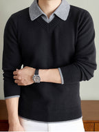 Men'S Thickened V-Neck Pullover Long Sleeve Faux Vest Knit Sweater, Autumn/Winter Style, Light Mature Business Casual - Black