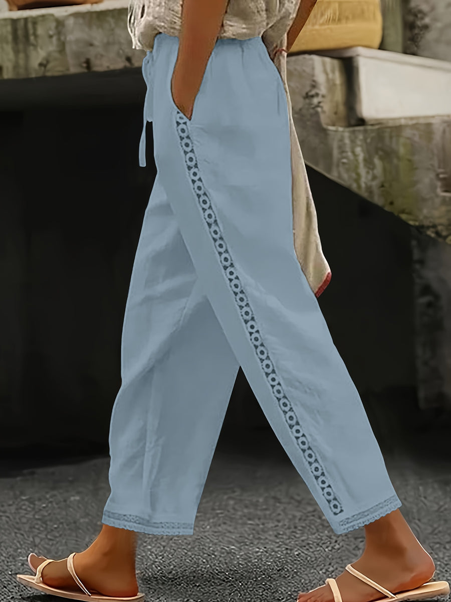 Fashion Trendy Women'S Lace Cutout Casual Pants - Light Blue