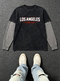 Men'S Autumn Casual Short-Sleeve T-Shirt, Vintage Washed Distressed Los Angeles Print Color-Block Long Sleeve Top, Loose Street Casual Shirt - Black