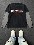 Men'S Autumn Casual Short-Sleeve T-Shirt, Vintage Washed Distressed Los Angeles Print Color-Block Long Sleeve Top, Loose Street Casual Shirt - Black