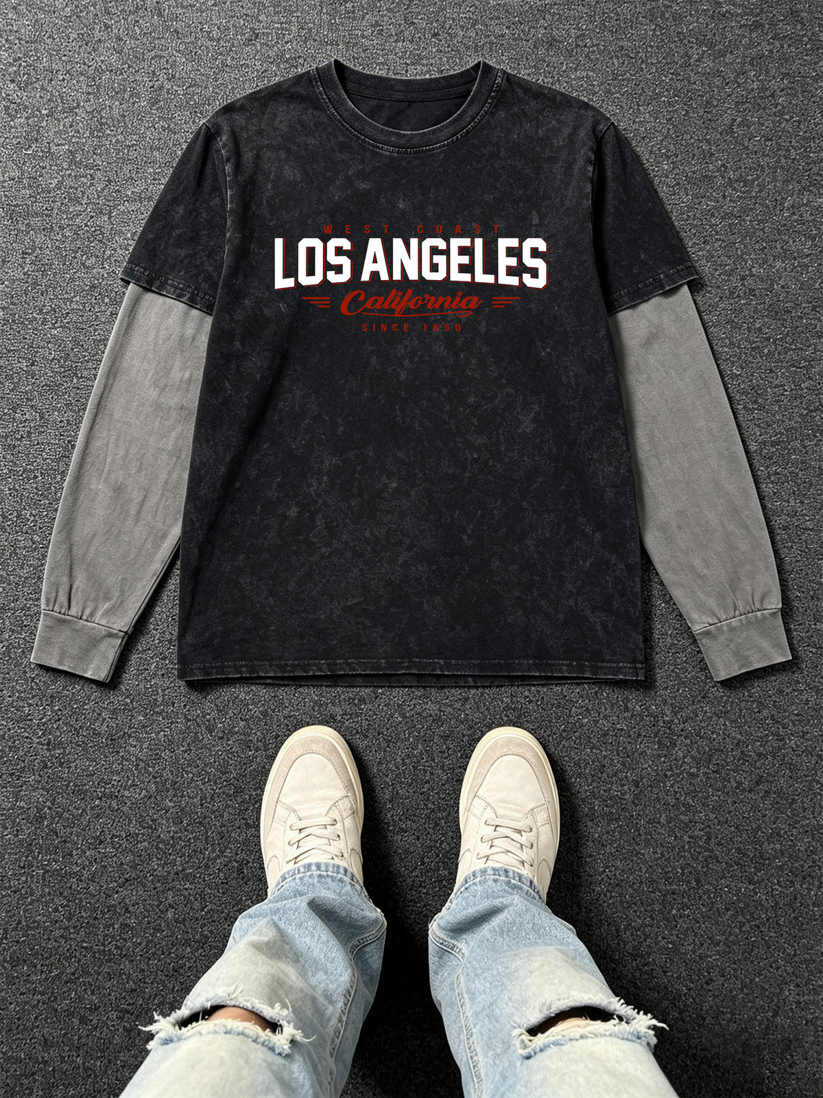 Men'S Autumn Casual Short-Sleeve T-Shirt, Vintage Washed Distressed Los Angeles Print Color-Block Long Sleeve Top, Loose Street Casual Shirt - Black