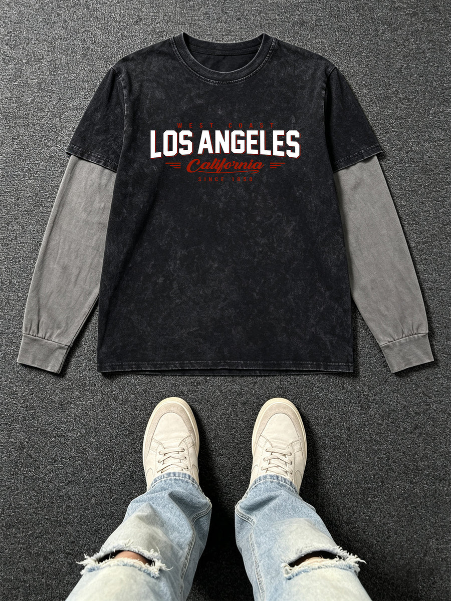 Men'S Autumn Casual Short-Sleeve T-Shirt, Vintage Washed Distressed Los Angeles Print Color-Block Long Sleeve Top, Loose Street Casual Shirt - Black