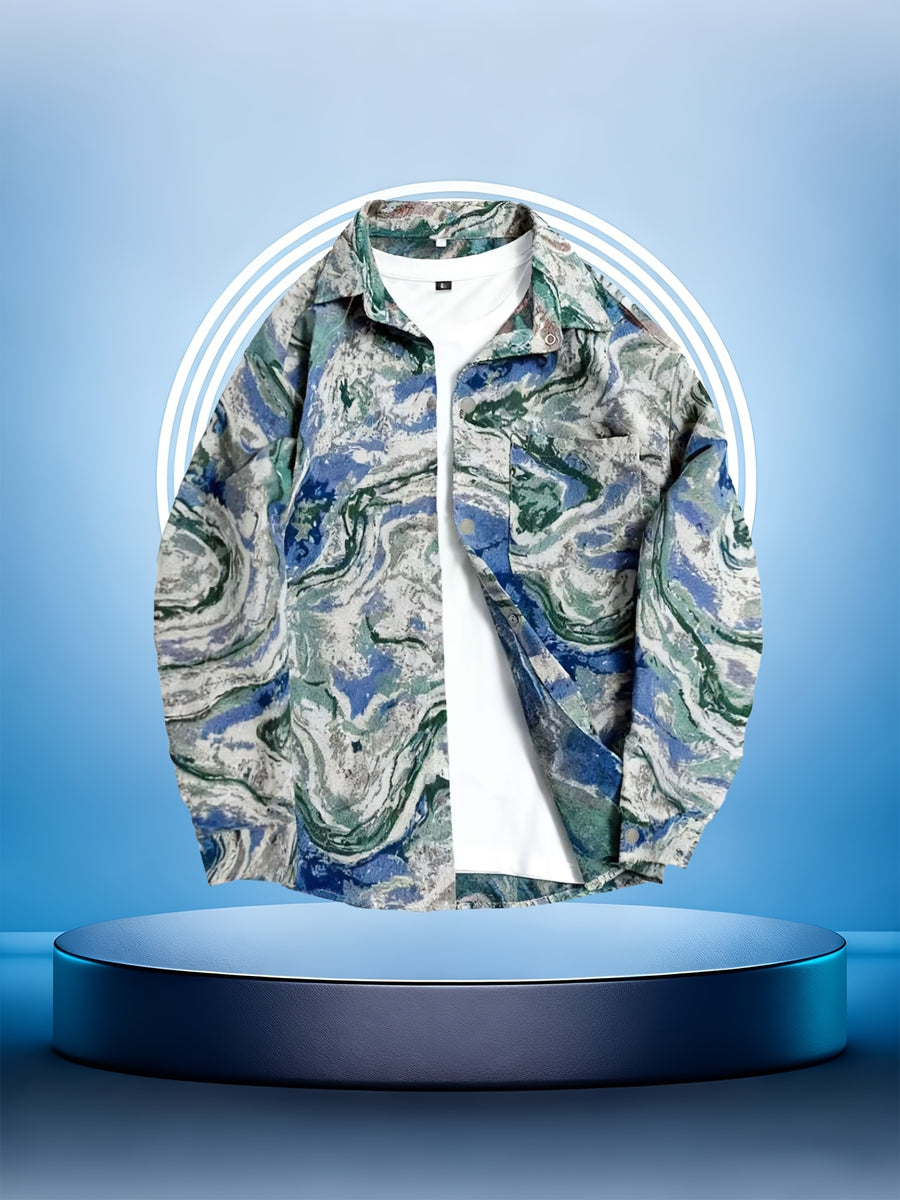 Men'S American Retro All-Over Floral Woven Teddy Bear Shirt Jacket, Men'S Autumn Premium Trendy Brand Bad Boy Influencer Casual Shirt - Blue and green painted