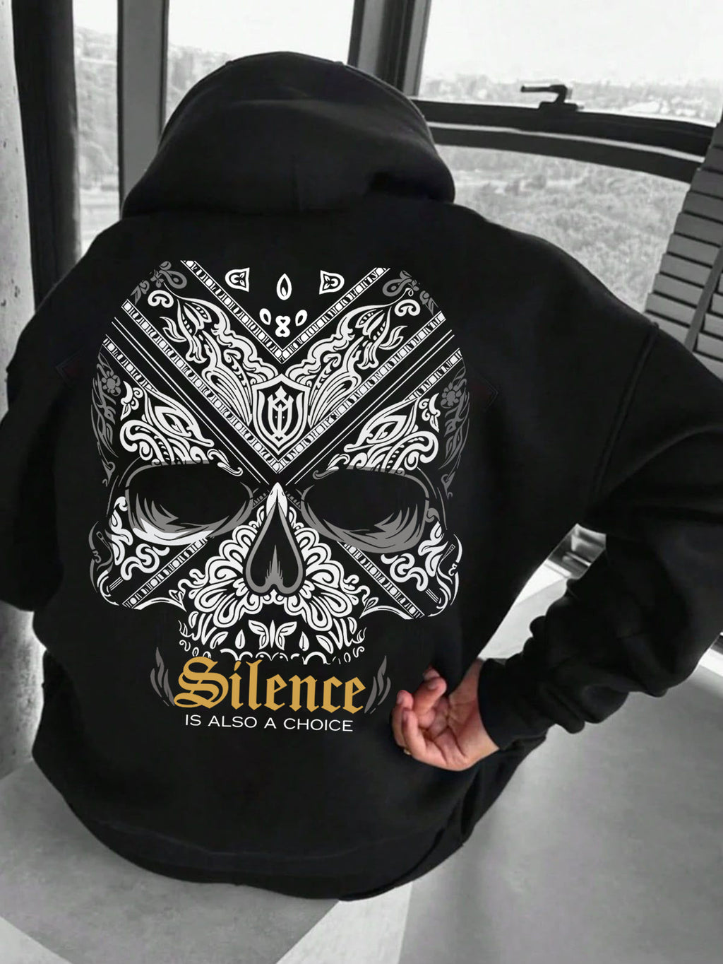 Men's Casual Hooded Sweatshirt - Y2K High Street Style Heavyweight Draped Texture Hooded Sweatshirt with Pocket, Featuring an Intricate Totem Skull Design on the Back Combined with a "Silence" Attitude Slogan Letter Print, with a Three-dimensional - Black