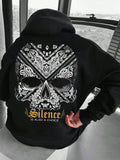 Men's Casual Hooded Sweatshirt - Y2K High Street Style Heavyweight Draped Texture Hooded Sweatshirt with Pocket, Featuring an Intricate Totem Skull Design on the Back Combined with a "Silence" Attitude Slogan Letter Print, with a Three-dimensional - Black