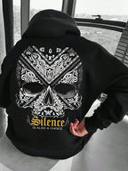 Men's Casual Hooded Sweatshirt - Y2K High Street Style Heavyweight Draped Texture Hooded Sweatshirt with Pocket, Featuring an Intricate Totem Skull Design on the Back Combined with a "Silence" Attitude Slogan Letter Print, with a Three-dimensional - Black