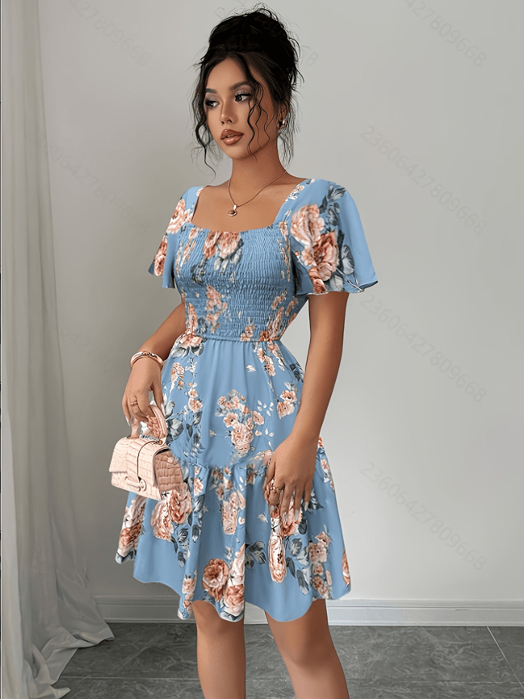 Summer Vacation Floral Print Short Dress with Waist Cinching - Peacock Blue