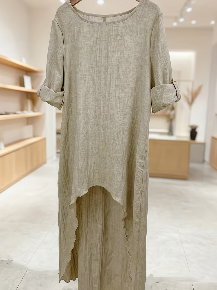 Women' Elegant Asymmetric Oversized Shirt - Loose Fit Long Sleeve Round Neck Blouse with Short Front & Extended Back Length, Layering Piece Suitable for Spring/Fall, Casual to Dressy Wear (No Stretch) - Khaki