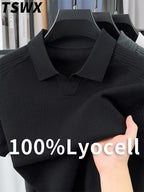 TSWX 100% Summer Knitted Solid Color Lapel Sweater, Basic POLO Knit Shirt, Men's Fashion Knit Short Sleeve Top, Men's Outerwear, Ideal - Black