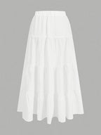 Women'S Casual Holiday Tiered Cake Skirt, Suitable for Summer Wear, White Multi-Layer Long Skirt, Drawstring Skirt - White