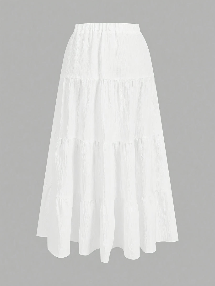 Women'S Casual Holiday Tiered Cake Skirt, Suitable for Summer Wear, White Multi-Layer Long Skirt, Drawstring Skirt - White