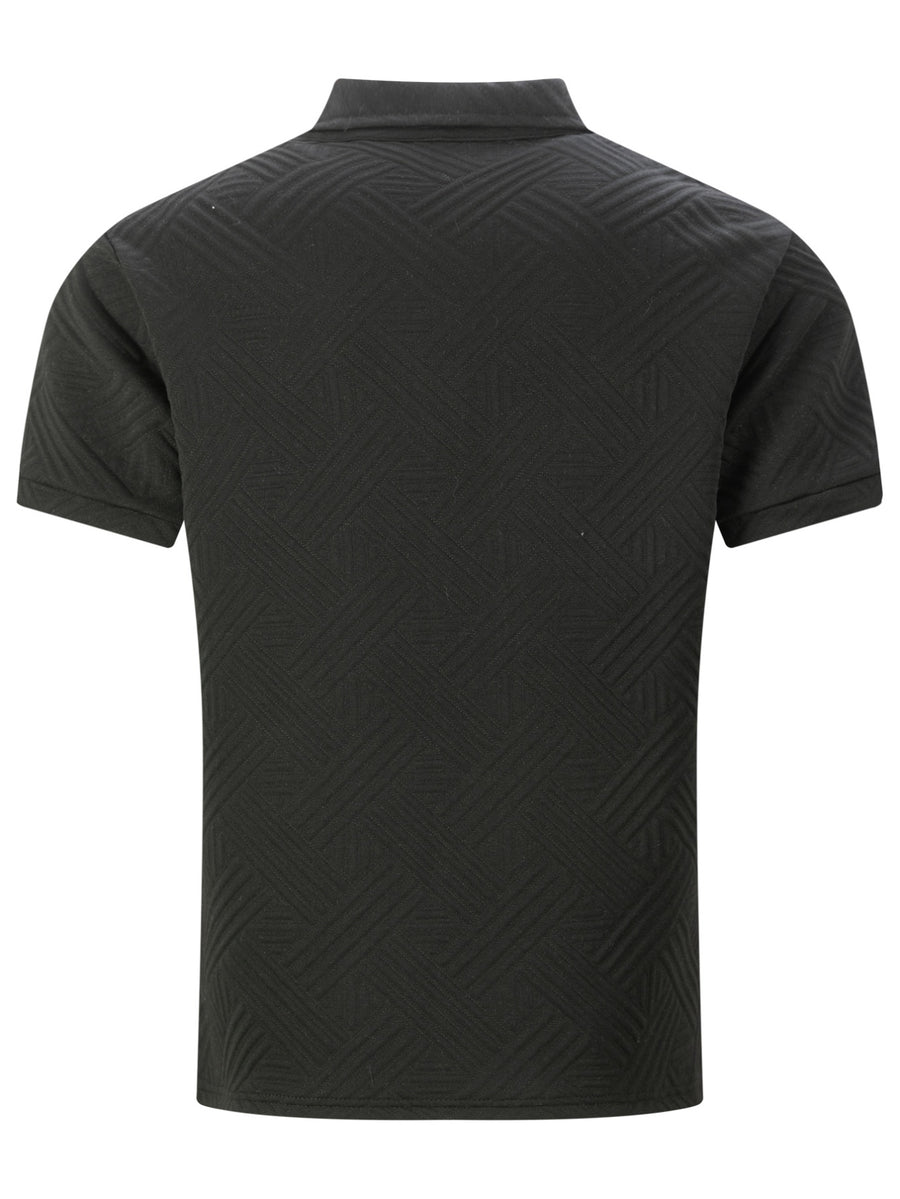 Men'S Twill Embossed Jacquard Half-Zip Polo Shirt, Lapel Short-Sleeve Casual Top with Single Chest Pocket, Lightweight & Breathable Men'S T-Shirt for Daily Summer Wear, Business Occasions And Golf - Black
