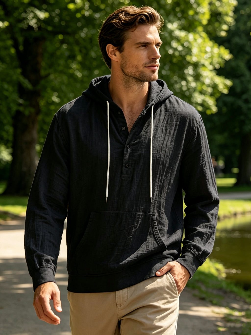 Spring And Autumn Men'S Casual Hooded Shirt, Long Sleeve Shirt, Solid Color Minimalist, Trendy And Versatile, Lightweight And Breathable, Suitable for Beach Vacation, Travel, And Daily Wear - Black