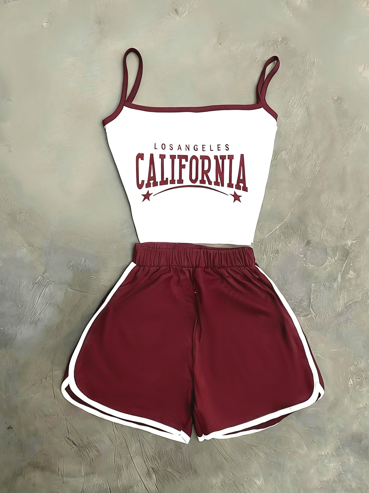 Elegant and Stylish New Spring/Summer Women's Color-Block Letter Print Waist-Cinching Backless Crop Camisole + Elastic Simple Casual Shorts Set ZLLZ - Burgundy