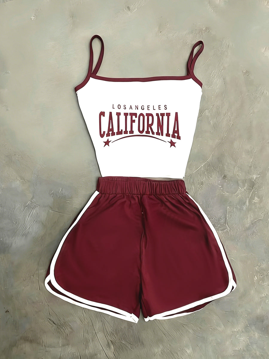 Elegant and Stylish New Spring/Summer Women's Color-Block Letter Print Waist-Cinching Backless Crop Camisole + Elastic Simple Casual Shorts Set ZLLZ - Burgundy