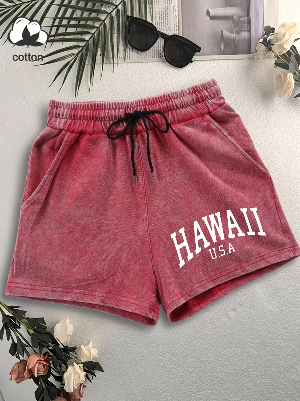 Western Trendy Hawaiian Letter Print Casual Distressed Women'S Shorts, Elastic Drawstring Waist Design, Versatile Home Wear, Lifestyle Fashion - Red