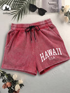 Western Trendy Hawaiian Letter Print Casual Distressed Women'S Shorts, Elastic Drawstring Waist Design, Versatile Home Wear, Lifestyle Fashion - Red