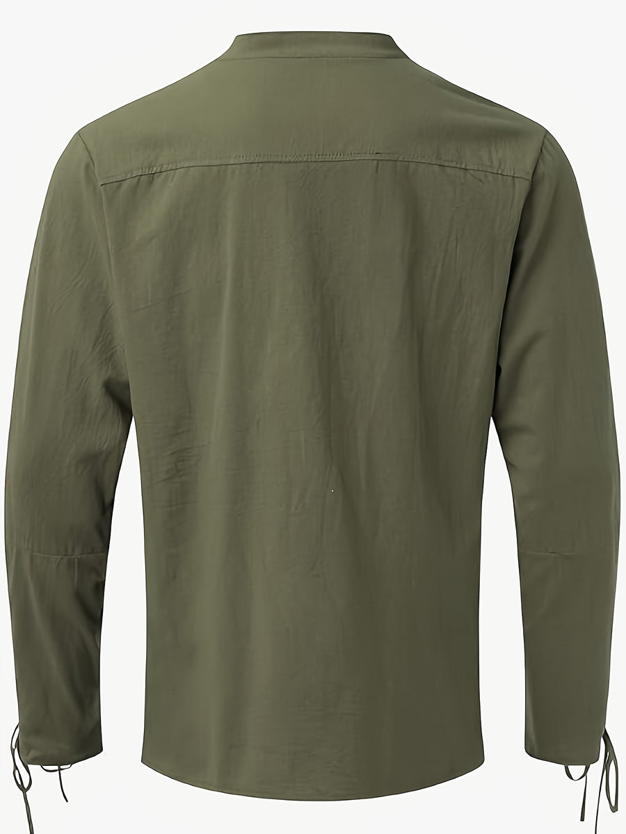 New Medieval Men'S Pirate Shirt Retro V-Neck Lavender Punk Gothic Blouse Viking Tie-Up Top - Olive Green