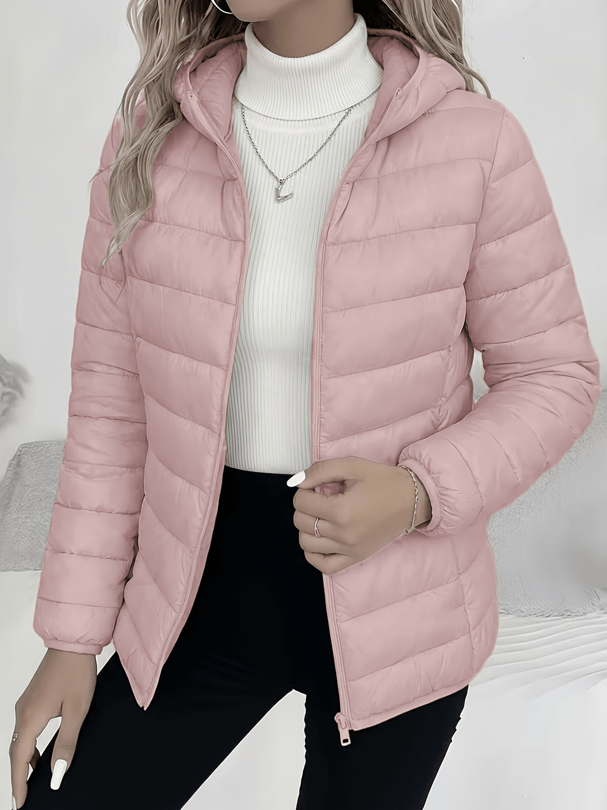 Spring, Autumn, Winter Women's Padded Coat, Fall/Winter Women's Apparel, Hooded Design, Full Zip Front, New Year, Valentine's Day, Popular Korean Top, Suitable for Office, Commuting, Shopping, Simple Outerwear, Coat for Petite Women, High-Quality - Pink Color