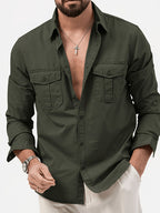 Men'S Multicolor Dress Shirt Multi-Pocket Casual Long Sleeve Top - Military Green