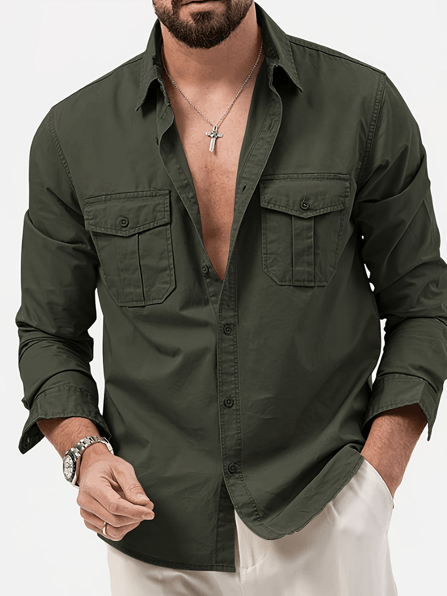 Men'S Multicolor Dress Shirt Multi-Pocket Casual Long Sleeve Top - Military Green