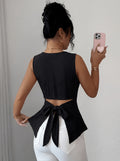 Women's V-neck Sleeveless Slim-Fit Tank Top with Back Bow Tie, Backless Crop Top, Casual Versatile Top - Black