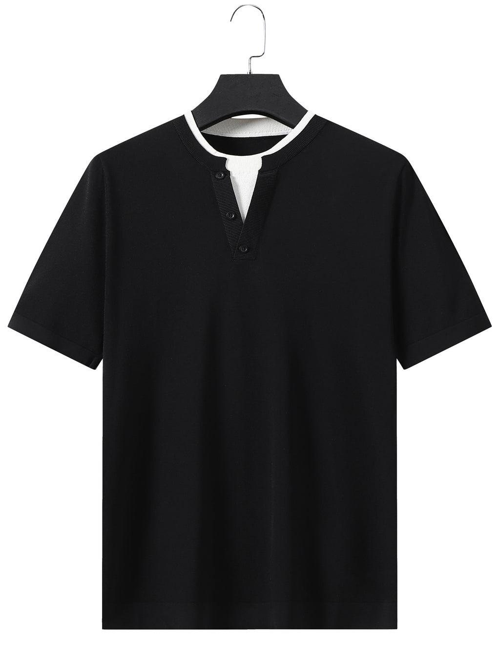 Old Money Outfits Men's Slim-Fit Fake 2pcs Knit Shirt - Short Sleeve Collar with Fake Collar Detailing, Breathable Solid Color Top Suitable for Spring, Casual & -Casual Wear, Machine Washable Male Blending - Black