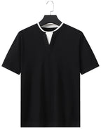 Old Money Outfits Men's Slim-Fit Fake 2pcs Knit Shirt - Short Sleeve Collar with Fake Collar Detailing, Breathable Solid Color Top Suitable for Spring, Casual & -Casual Wear, Machine Washable Male Blending - Black