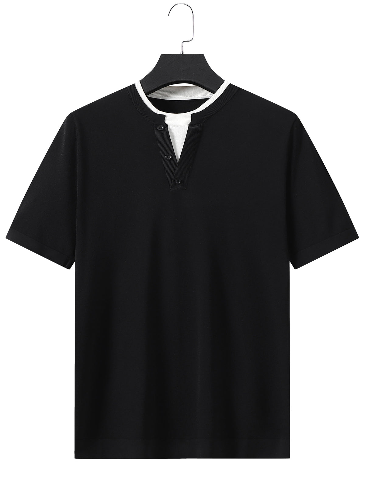 Old Money Outfits Men's Slim-Fit Fake 2pcs Knit Shirt - Short Sleeve Collar with Fake Collar Detailing, Breathable Solid Color Top Suitable for Spring, Casual & -Casual Wear, Machine Washable Male Blending - Black
