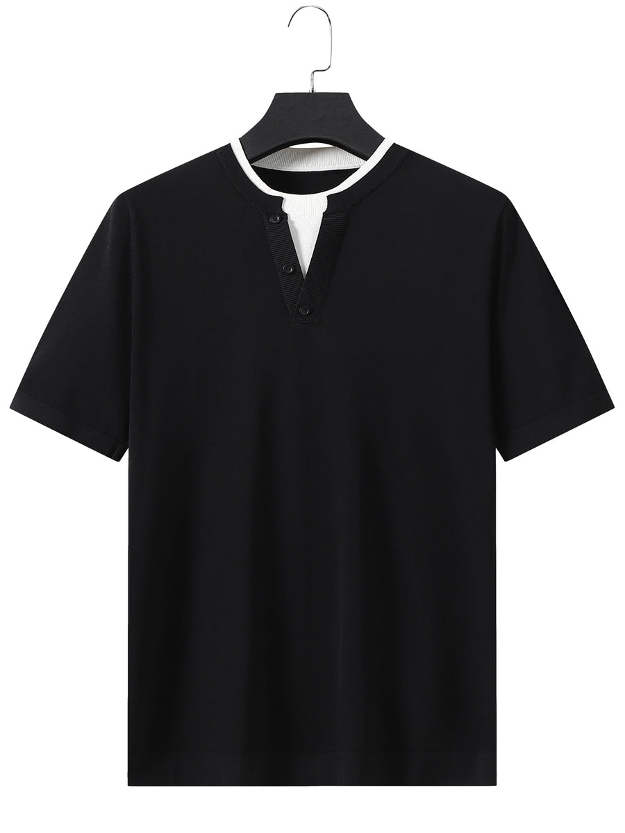 Old Money Outfits Men's Slim-Fit Fake 2pcs Knit Shirt - Short Sleeve Collar with Fake Collar Detailing, Breathable Solid Color Top Suitable for Spring, Casual & -Casual Wear, Machine Washable Male Blending - Black