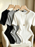 3pcs Set, Women'S Elegant Brushed Ribbed Jumpsuit, Soft Bodysuit, Short Sleeve Round Neck Bodysuit - Black+white+gray