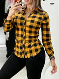 Women's Elegant Special Line Long Sleeve Button-Up Shirt - Loose Fit Lapel Collar Blouse, Double-Color Checkered ( & Color), Single-Breasted Door Placket, Suitable for Spring Summer Fall Casual Outdoor Wear, Office & Semi-Formal Attire - Yellow Plaid