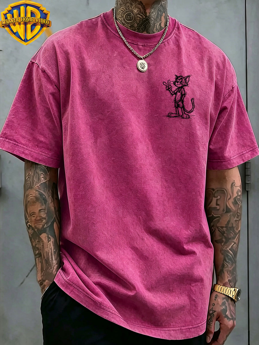 Warner Bros. Official License, Classic Cartoon Character Trendy V-Sign Hand-Drawn Line Print, American Retro Washed Distressed T-Shirt, Unisex, Machine Washable, Suitable for Daily Commute And Outdoor Wear - Rose Red