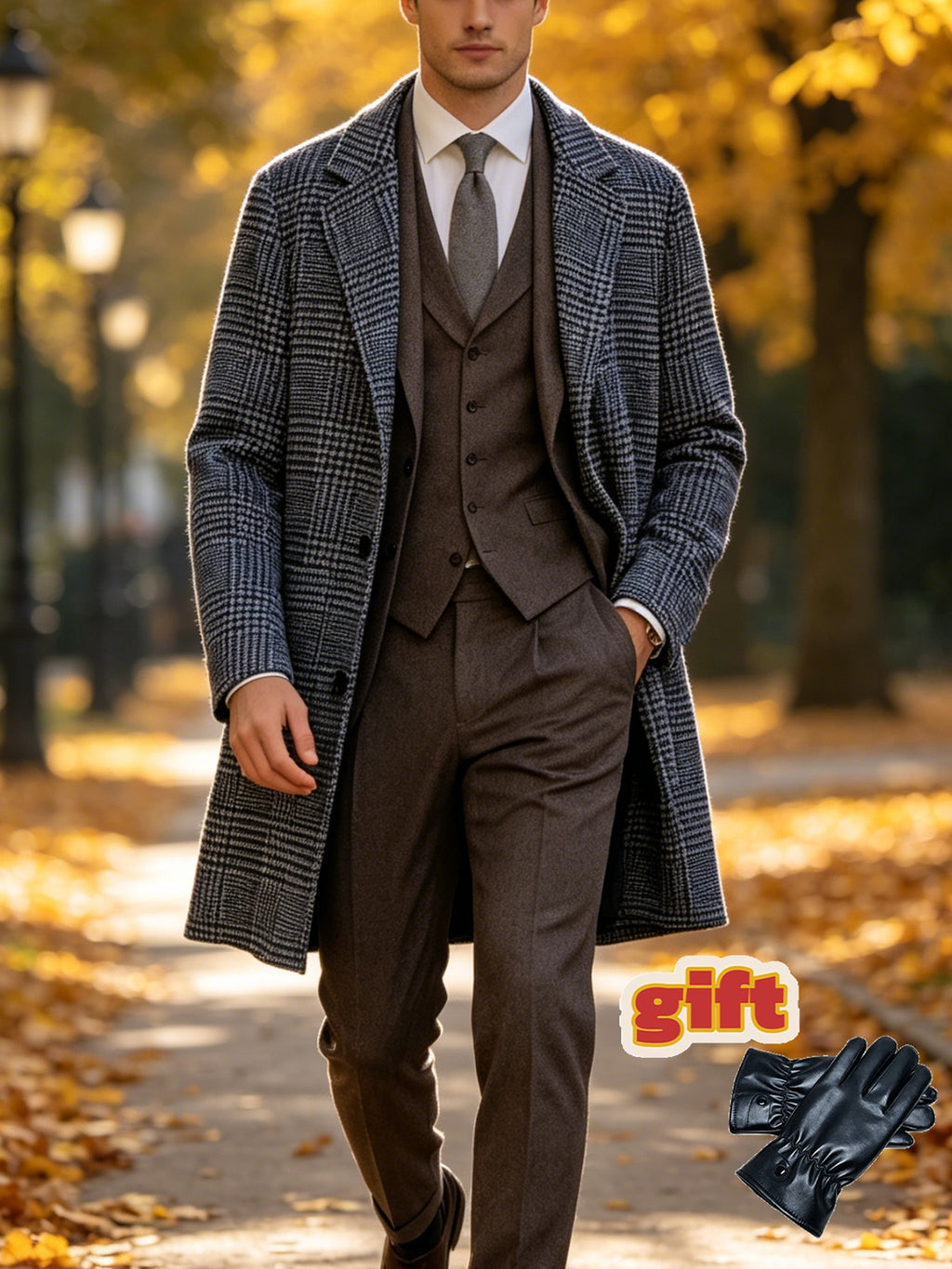 Men'S Houndstooth Coat, Blazer Lapel Mid-Length Jacket, Autumn Winter British Style Coat (Free Gloves) P - Grey