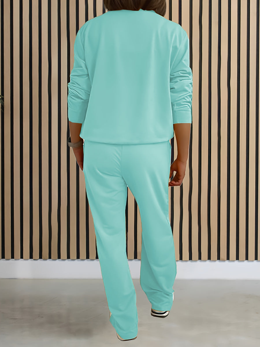 Women'S Solid Color Two-Piece Casual Long Sleeve Front Zipper Hoodie with Drawstring Straight Leg Pants Outfit - Viridity