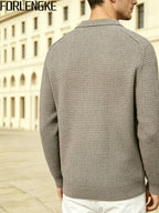 FORLENGKE Men'S Casual Polo Knit Top with Fold-Over Collar, V-Neck Opening, Waffle Knit Fabric, Diamond Cable Pattern on Shoulders, Warm And Stylish for Fall/Winter, Perfect for Daily Casual Wear, Shopping, And Outings - Khaki