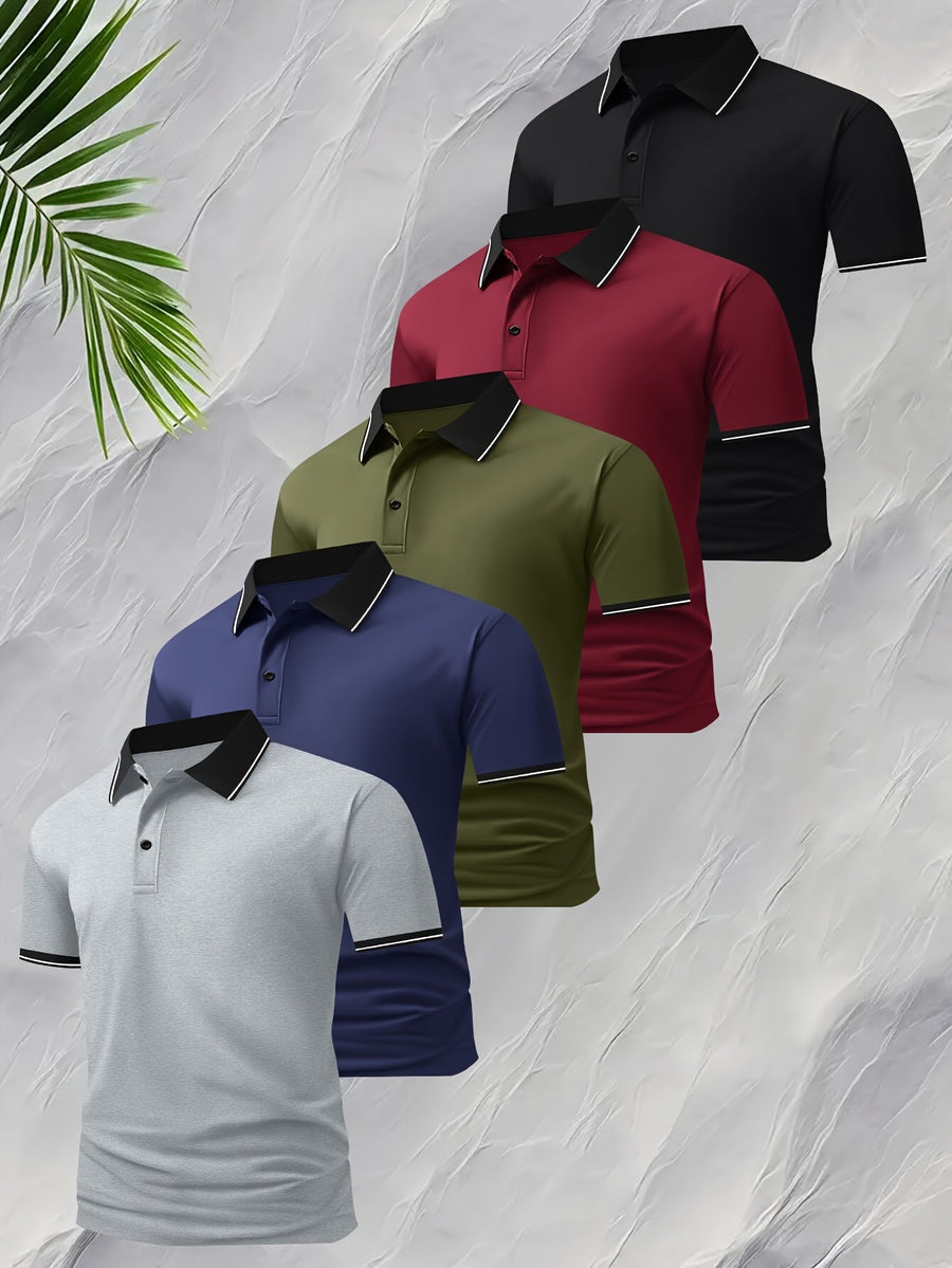 5pcs Summer Lapel Men's Shirts, Solid Color Plain Short Sleeve Shirts, Multi-Color Workwear, Casual Sportswear, Men's Executive Tops - Mix color 5